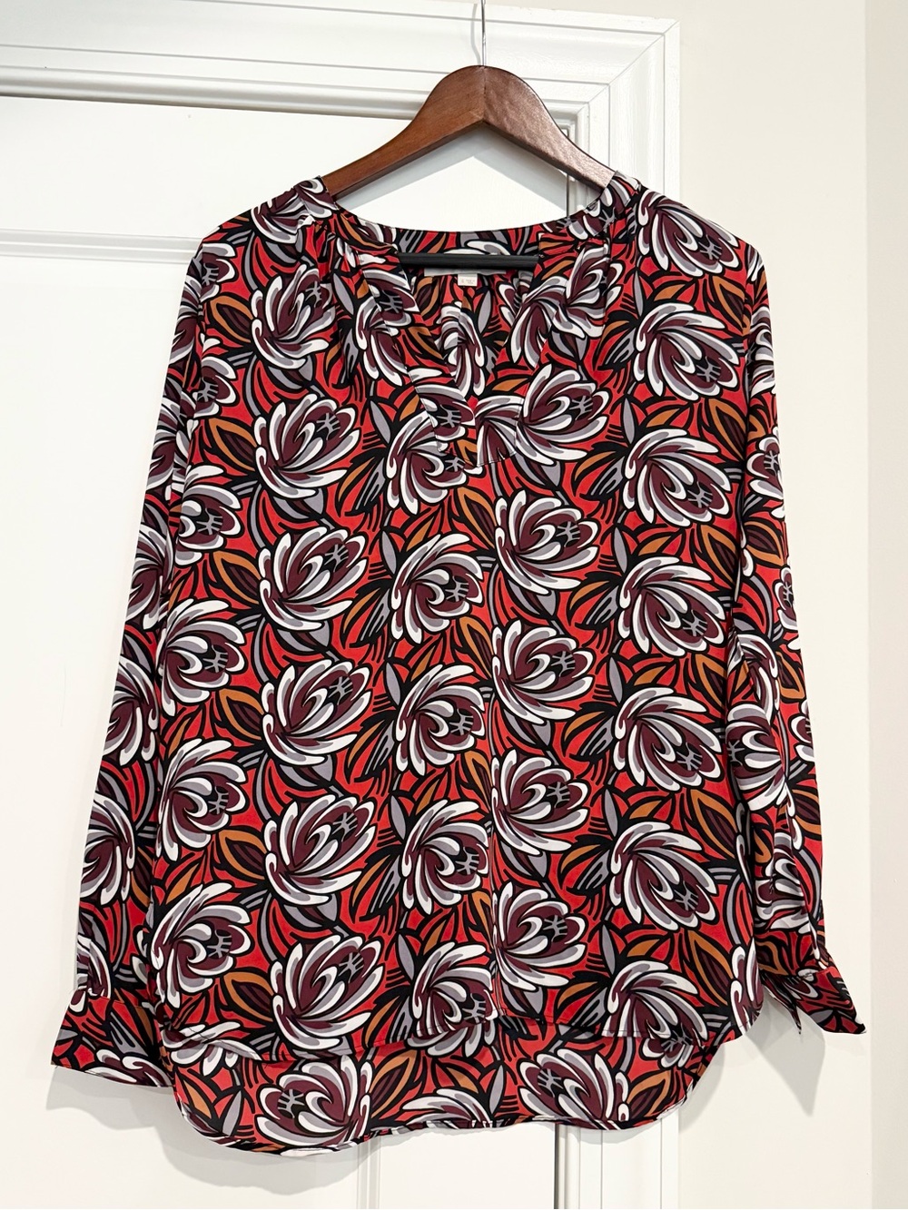 LOFT Red Floral Long Sleeve Blouse